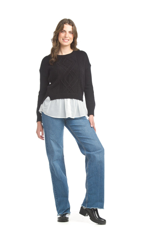 Cable Knit Crop Sweater w/ Georgette Underlay