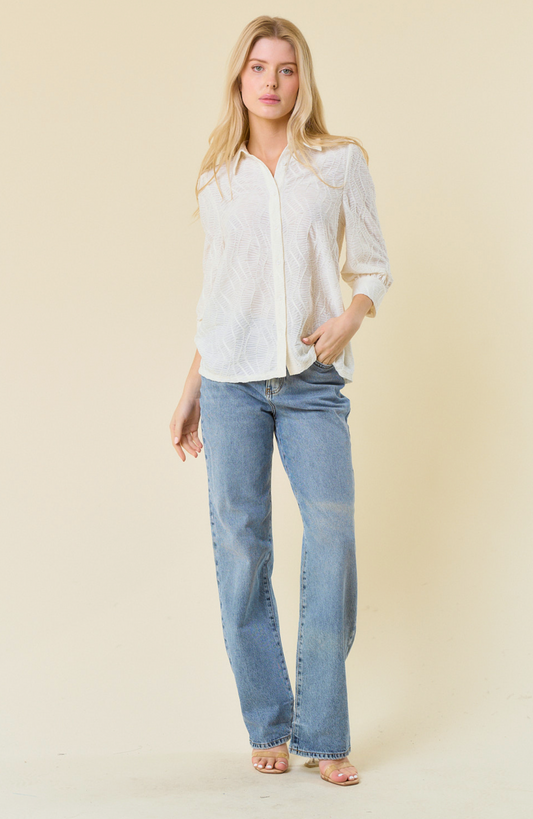 Embo Textured 3/4 Sleeve Button-Down Shirt Blouse