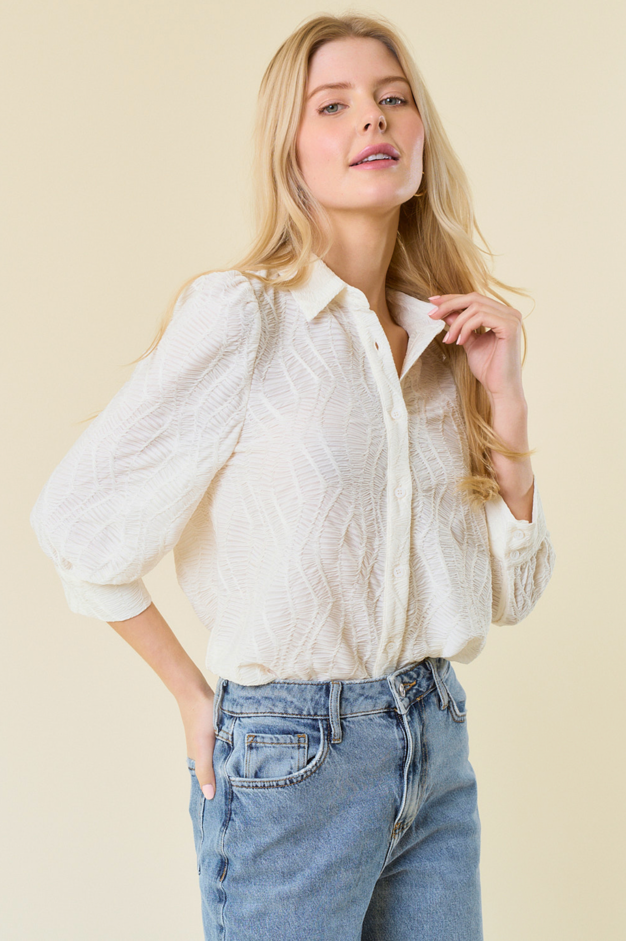 Embo Textured 3/4 Sleeve Button-Down Shirt Blouse
