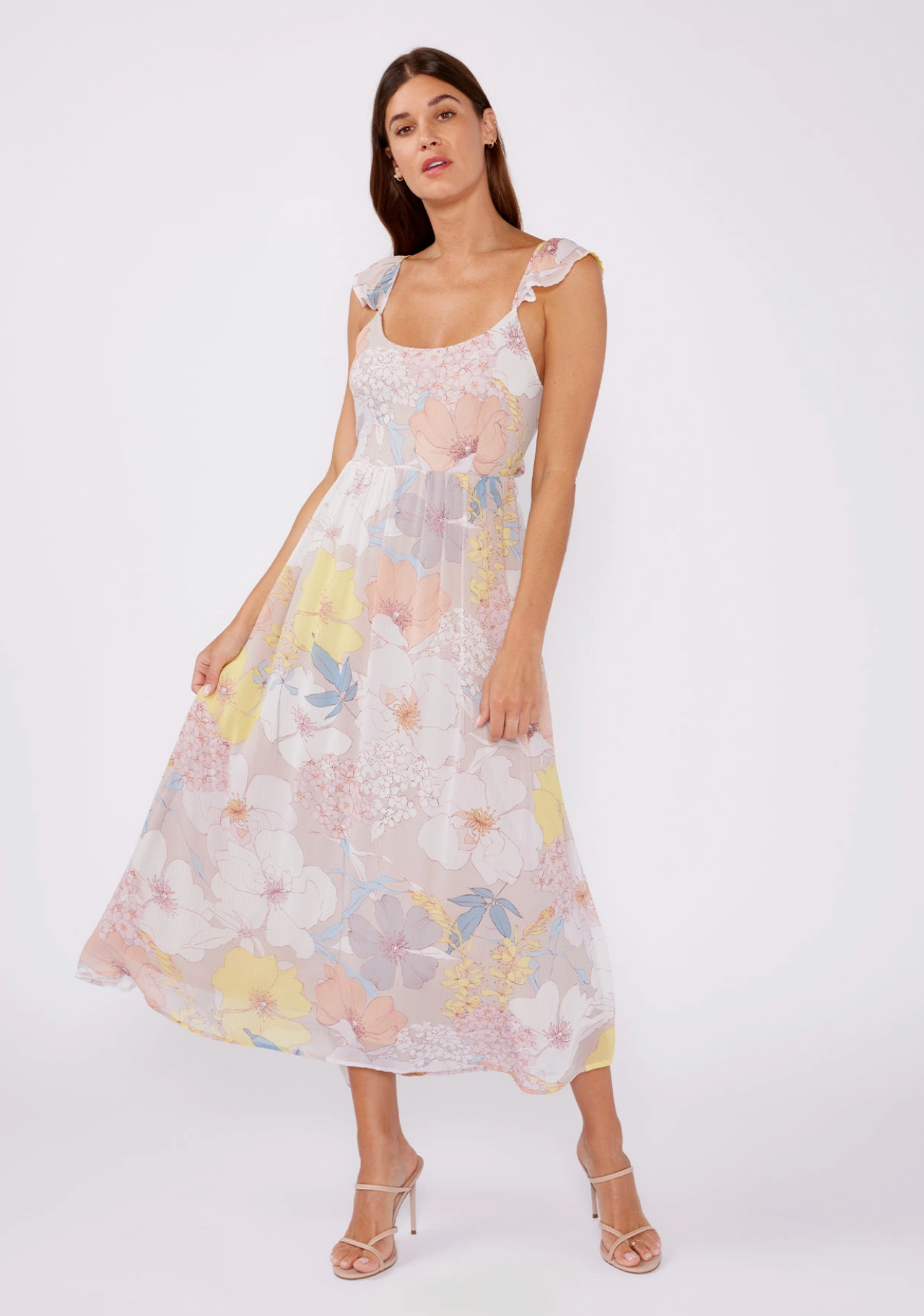 Pastel Floral Flutter Sleeve Tie Back Maxi Dress