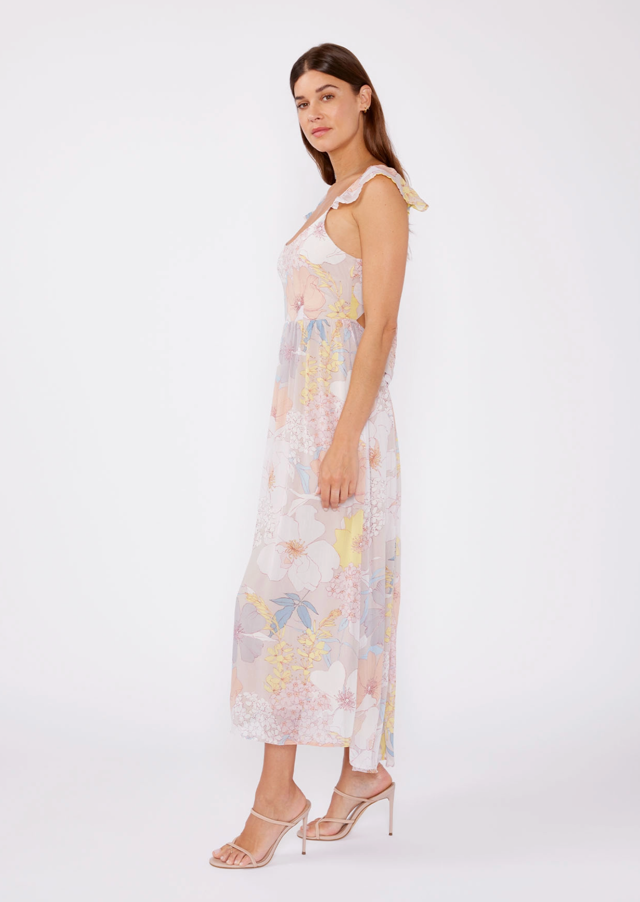 Pastel Floral Flutter Sleeve Tie Back Maxi Dress