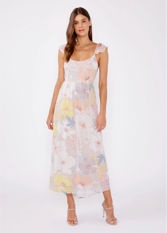 Pastel Floral Flutter Sleeve Tie Back Maxi Dress