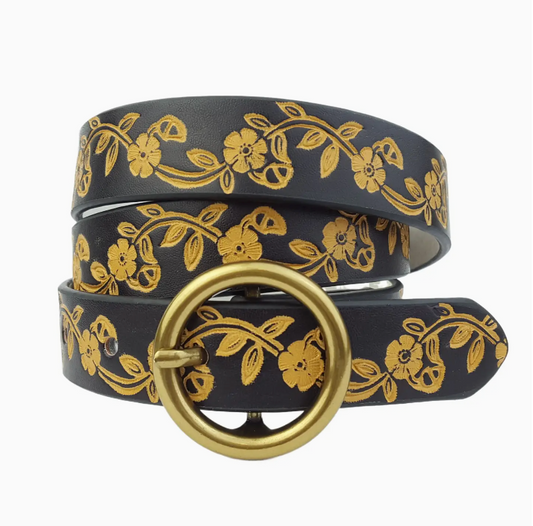 Skinny Round Buckle Belt in Hand-Painted Floral Tooled Belt