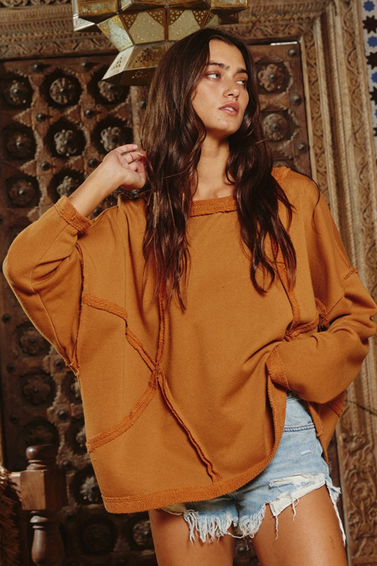 Terry Oversized Raw Edge Long Sleeve Top