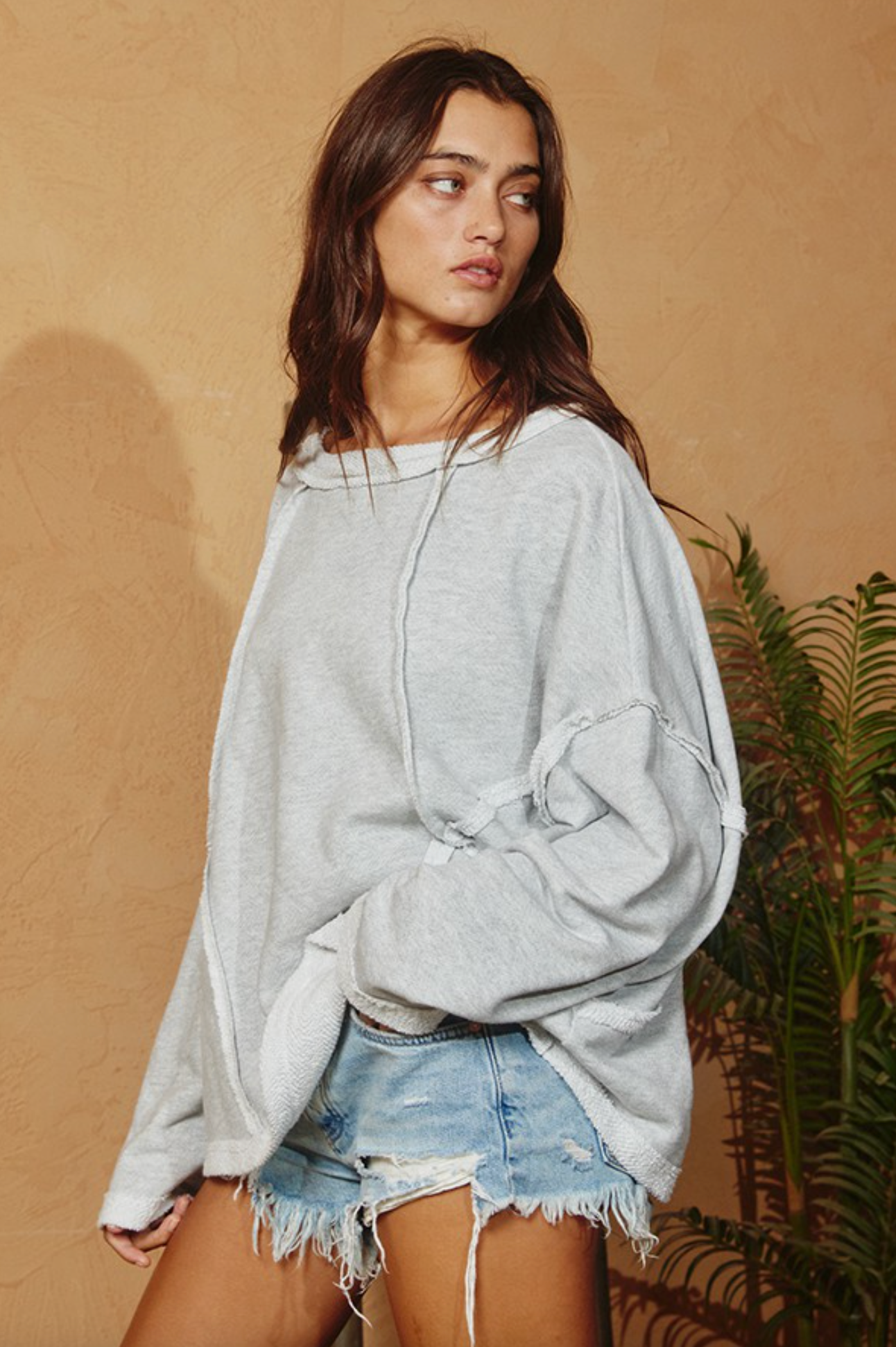 Terry Oversized Raw Edge Long Sleeve Top