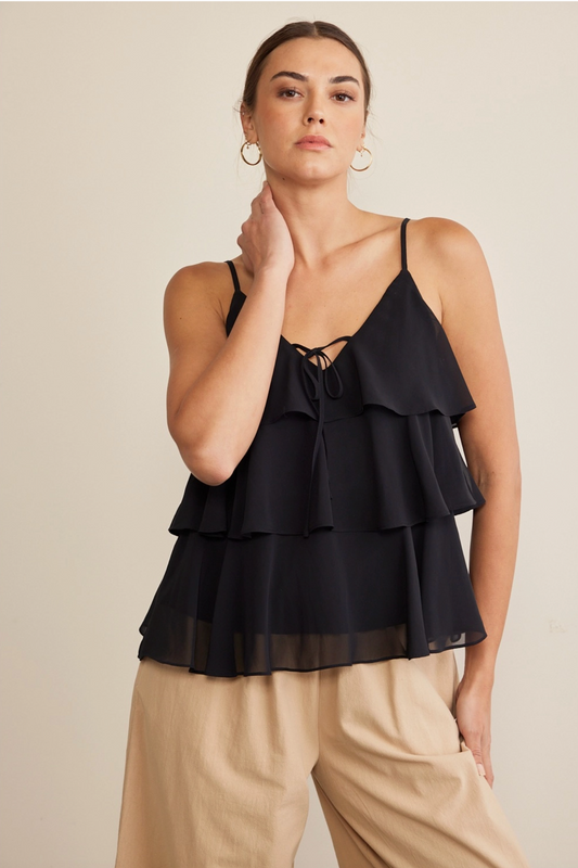 Chiffon Ruffled Blouse with Front Ribbon Tie