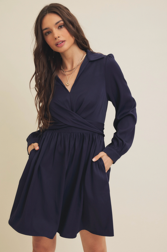 Waist Wrap Tie Twill Mini Dress with Pockets