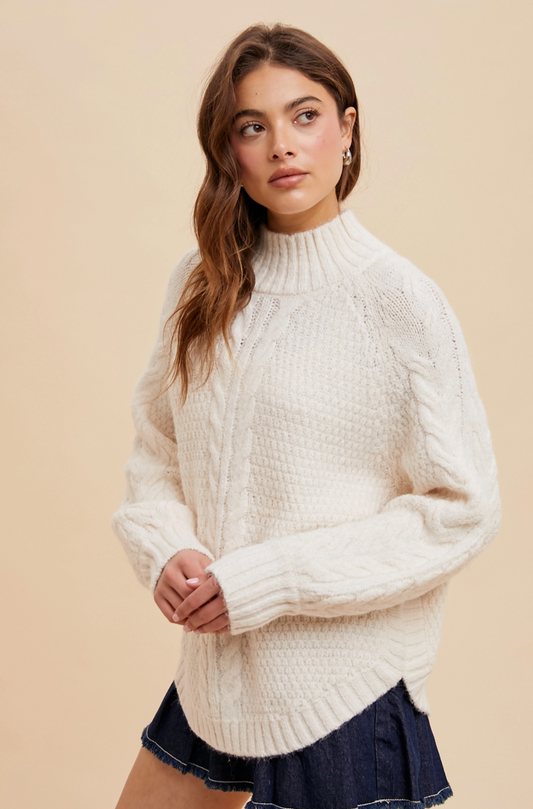 Textured Cable Knit Highneck Sweater