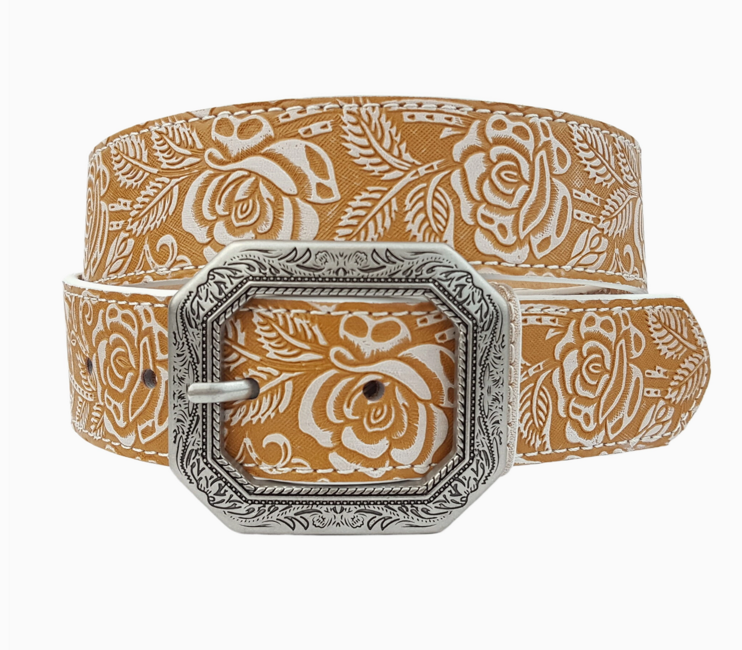 Hand Painted White W. Tan Rose Tooled Belt