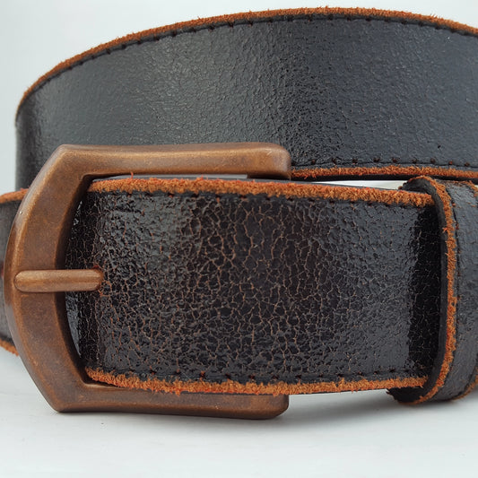 Vintage Black Leather Belt - Copper Buckle