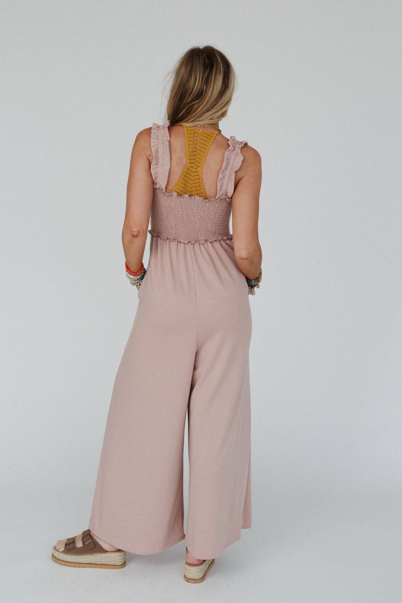 Nothing Compares Smocked Ruffle Jumpsuit - Dusty Rose