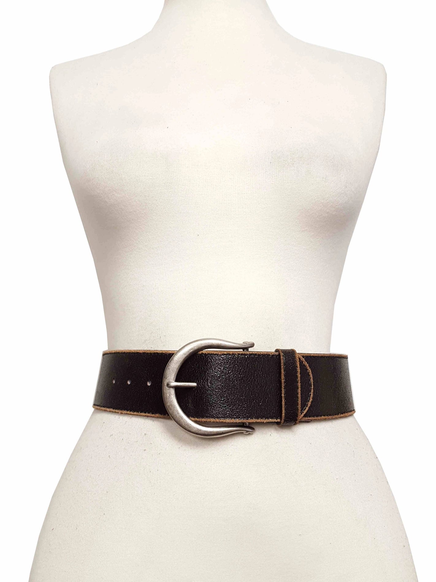 Wide Vintage Leather Belt with Horseshoe Buckle