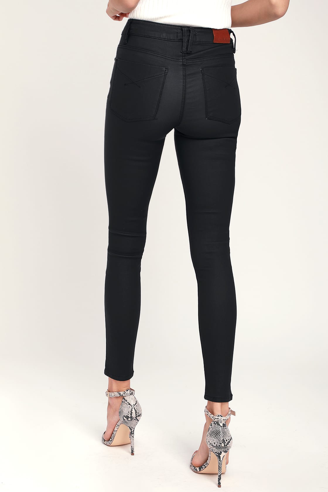 Olivia Washed Black High Rise Vegan Leather Skinny Jeans