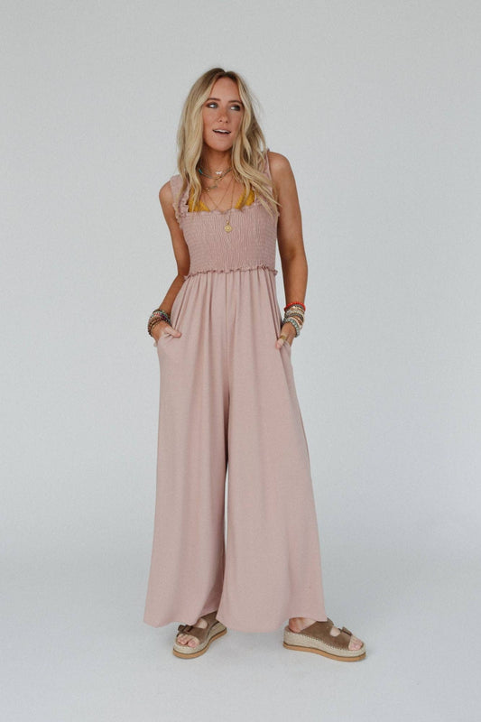 Nothing Compares Smocked Ruffle Jumpsuit - Dusty Rose