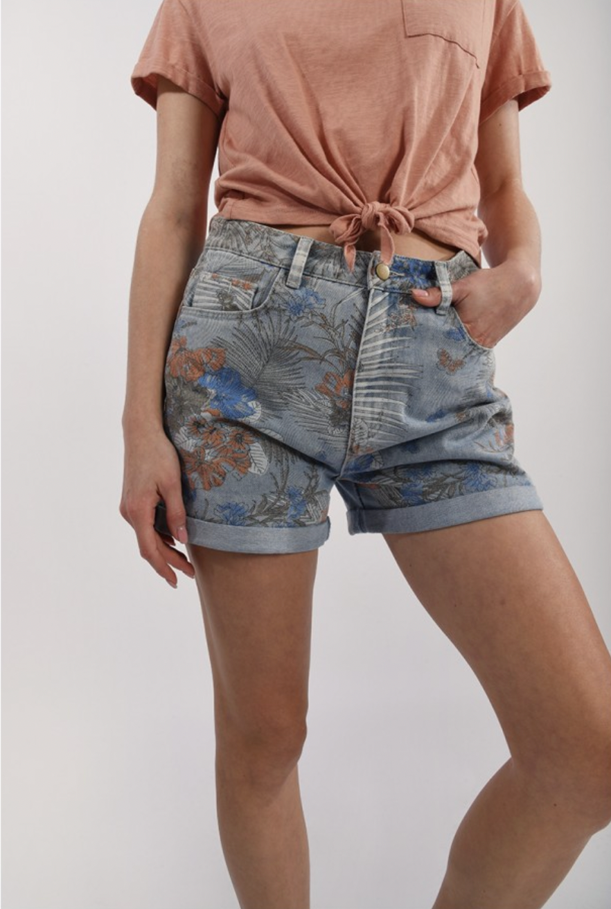 Printed Denim Shorts